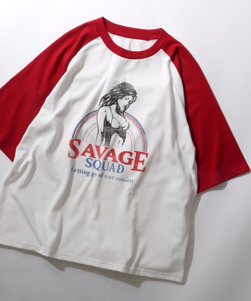 セール】Raglan Sleeve ＆ Ringer Print T-shirt/オーバーサイズ