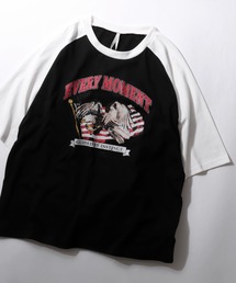 Raglan Sleeve & Ringer Print T-shirt/オーバーサイズ ヴィンテージライク ラグランスリーブ リンガーTシャツ 半袖Tシャツ レディース メンズ