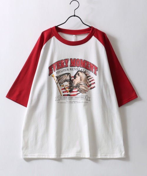セール】Raglan Sleeve ＆ Ringer Print T-shirt/オーバーサイズ
