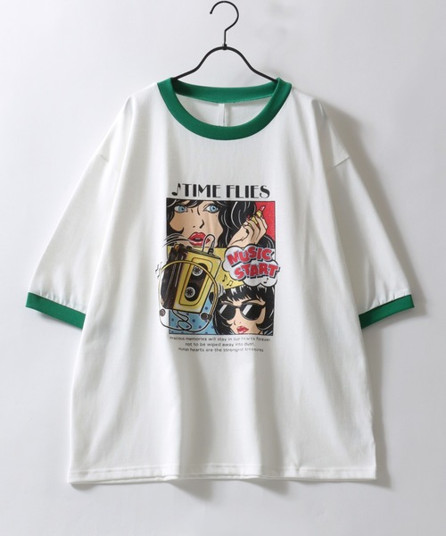 セール】Raglan Sleeve ＆ Ringer Print T-shirt/オーバーサイズ
