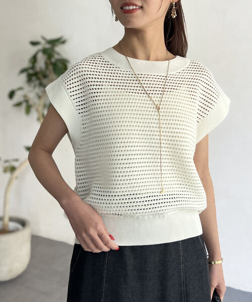 Chez toi （シェトワ）後ろリボン メッシュニットプルオーバー ラメ感 M 後ろリボンメッシュニットプルオーバー | Chez toi(シェトワ
