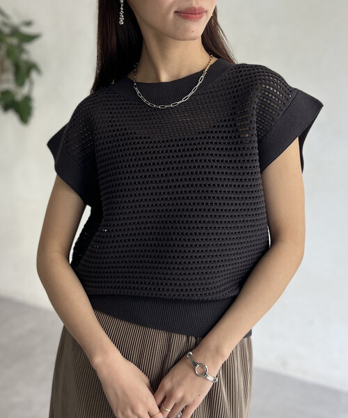 Chez toi （シェトワ）後ろリボン メッシュニットプルオーバー ラメ感 M 後ろリボンメッシュニットプルオーバー | Chez toi(シェトワ