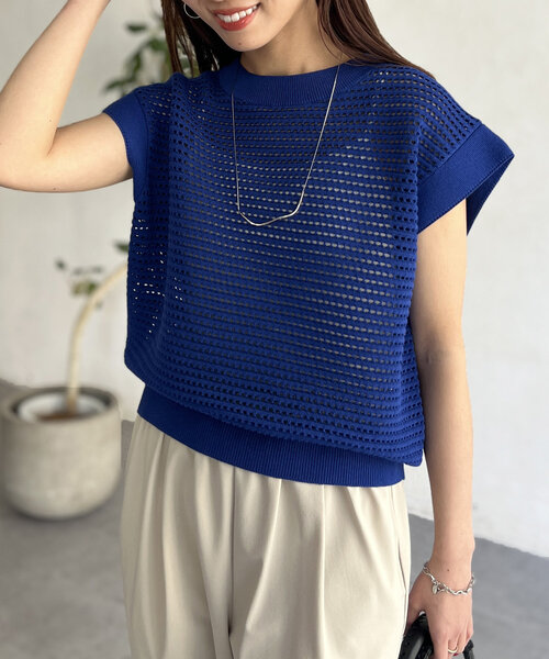 Chez toi （シェトワ）後ろリボン メッシュニットプルオーバー ラメ感 M 後ろリボンメッシュニットプルオーバー | Chez toi(シェトワ