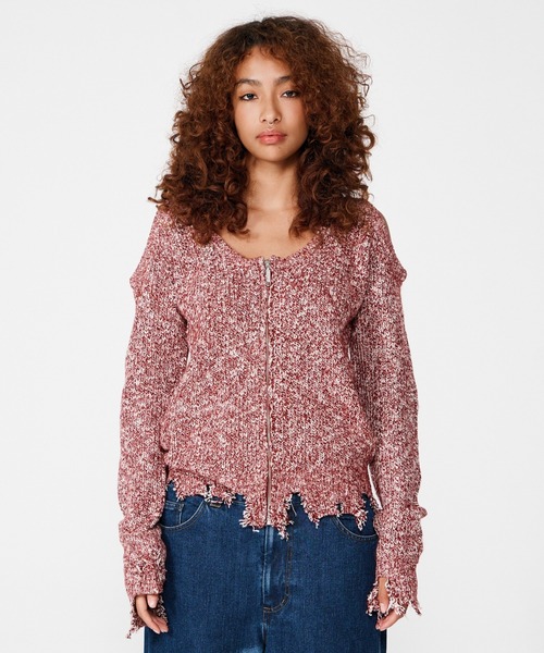 BEEDEN(ビーデン)の「MIX YARN HOLE DESIGN TOPS(Tシャツ/カットソー・レディース・レッド/ブラック・FREE)」の1枚目の写真