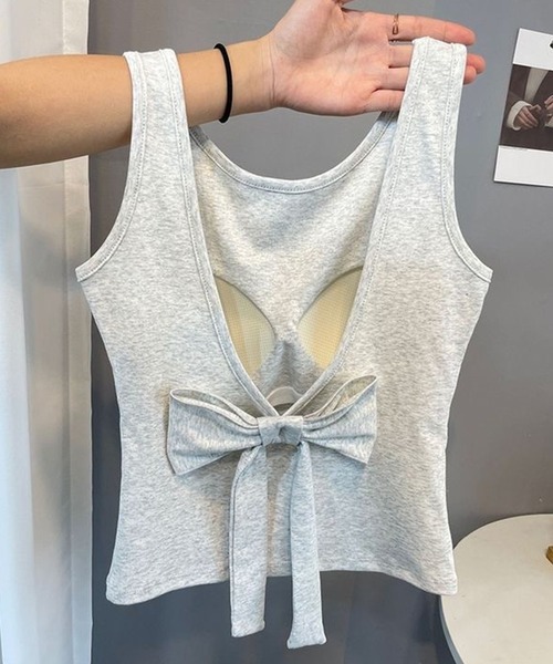 Lace Ladies(レースレディース)の「Vバック リボン付き カップ付き ノースリーブ タンクトップ(タンクトップ・レディース・ピンク/ホワイト/ブラック/ブルー/グレー・M/S)」の16枚目の写真