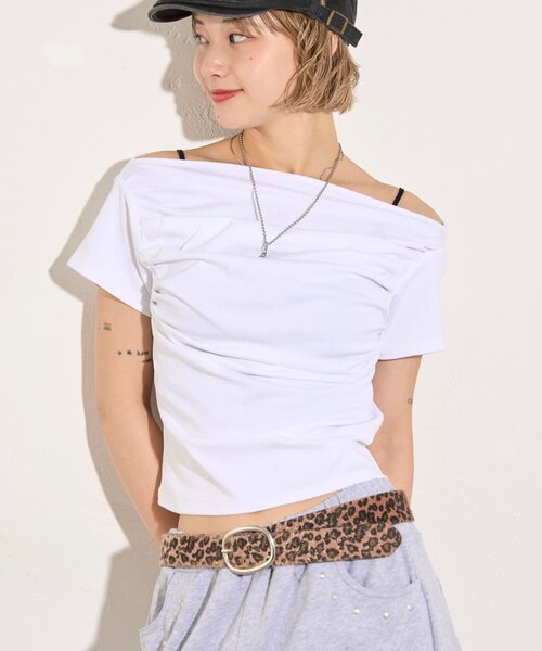 新品 ギャザーオフショル トップス ホワイト グレー ブラック ギャザーオフショル半袖トップス（Tシャツ/カットソー）｜WHO'S