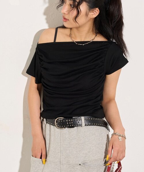 新品 ギャザーオフショル トップス ホワイト グレー ブラック ギャザーオフショル半袖トップス（Tシャツ/カットソー）｜WHO'S