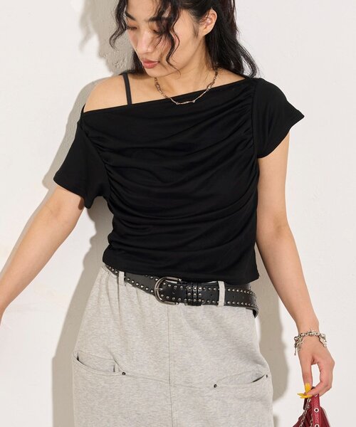 WHO'S WHO gallery(フーズフーギャラリー)の「ギャザーオフショル半袖トップス(Tシャツ/カットソー・レディース・オフホワイト/グレー/ブラック・FREE)」の17枚目の写真