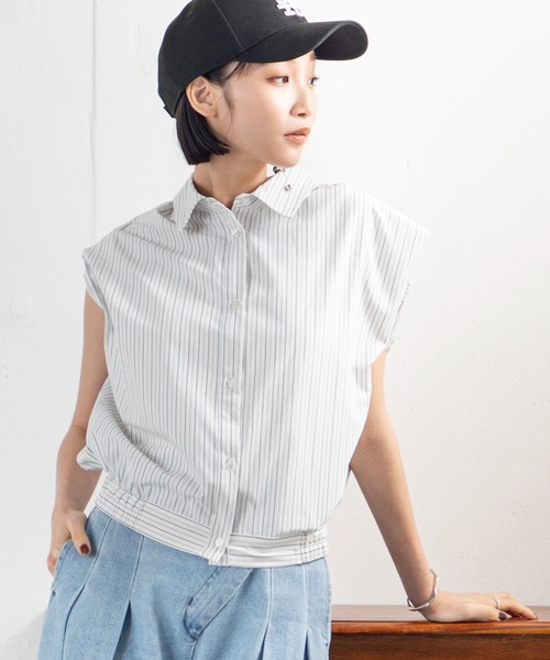 MILLION CARATS(ミリオンカラッツ)の「【立体タック×肩幅カバー】すっきり見せも今っぽシルエットも!涼しさと抜け感のバランス◎ 洒落感ストライプで夏の主役ブラウス(シャツ/ブラウス・レディース・ブルー/オフホワイト/ベージュ・FREE)」の5枚目の写真