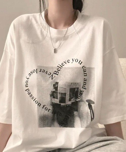 VIVID LADY(ビビッドレディー)の「ハート文字プリント 半袖Tシャツ(Tシャツ/カットソー・レディース・アイボリー/ブラック・FREE)」の5枚目の写真