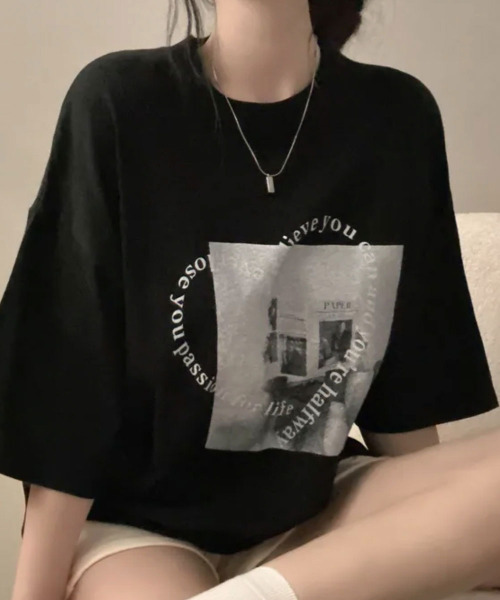 VIVID LADY(ビビッドレディー)の「ハート文字プリント 半袖Tシャツ(Tシャツ/カットソー・レディース・アイボリー/ブラック・FREE)」の8枚目の写真