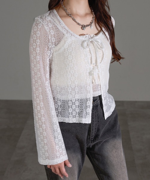apres jour mignon（アプレジュールミニョン）の「レースキャミリボンカーディガンセット【ZOZOTOWN限定アイテム】（アンサンブル・レディース・レッド/オフホワイト/ブラック・フリー/X-LARGE）」の7枚目の写真