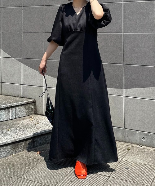 【ブランミク】ロング ワンピース ボリュームスリーブ バルーンスカート RESORT タックスリーブワンピース