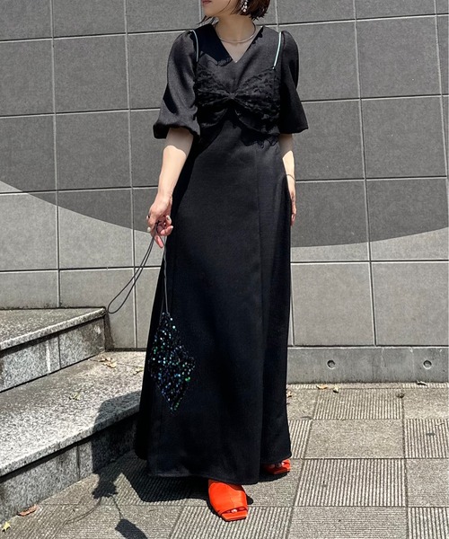 may.m  ブラック ロングワンピース 半袖 バルーンスリーブ バルーンスリーブロングワンピース（ワンピース）｜mi via loca