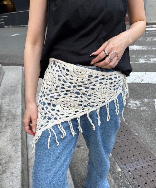 CIAOPANIC TYPY（チャオパニックティピー）の「■クロシェフリンジスカーフ（バンダナ/スカーフ・レディース・オフホワイト/ブラック・ONE SIZE）」の2枚目の写真