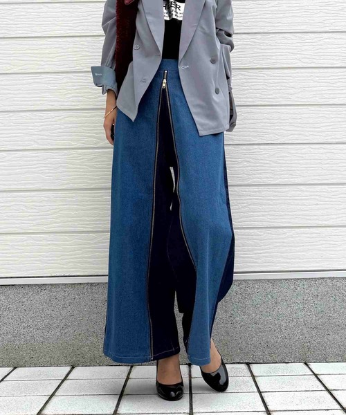 Q(キュー)の「配色ZIPデニムパンツ(デニムパンツ・レディース・ブラック/ブルー・MEDIUM)」の1枚目の写真