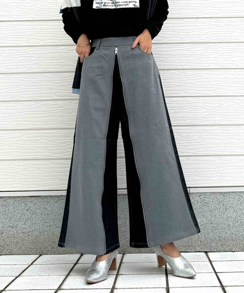 Q(キュー)の「配色ZIPデニムパンツ(デニムパンツ・レディース・ブラック/ブルー・MEDIUM)」の2枚目の写真