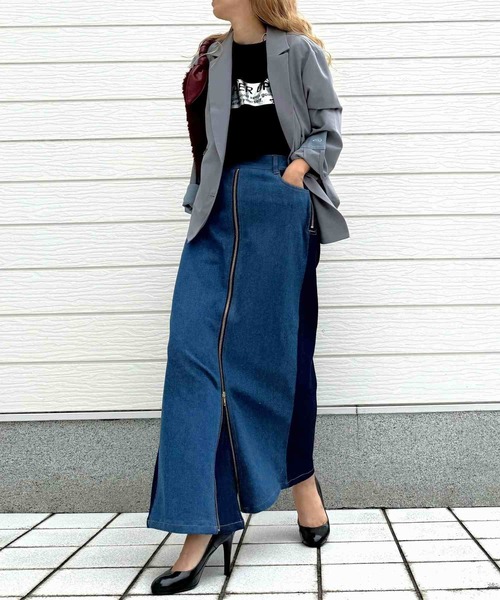 Q(キュー)の「配色ZIPデニムパンツ(デニムパンツ・レディース・ブラック/ブルー・MEDIUM)」の7枚目の写真