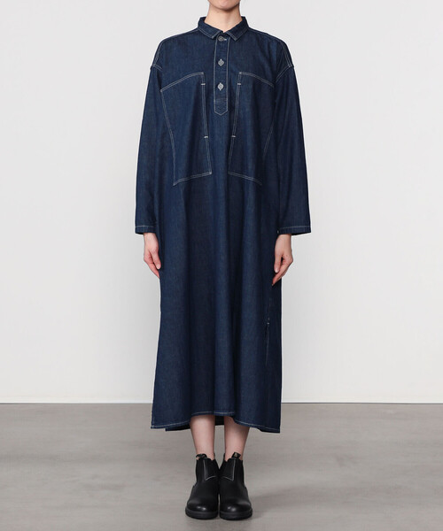 orSlow オアスロウ 0 リネン100% ロングワンピース デニム ブルー orslow オアスロウ デニム スタンドカラー ロングシャツ
