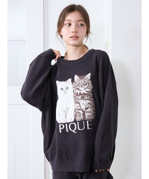 gelato pique（ジェラートピケ）の「ツインズキャットジャガードプルオーバー（ルームウェア/パジャマ・レディース・ピンク/ベージュ/ネイビー・F）」の8枚目の写真