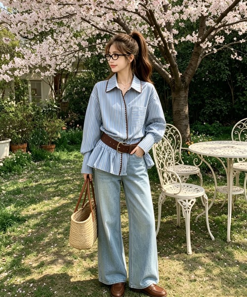 gossip!ロサンゼルス(ゴシップロサンゼルス)の「【25新作】 ブラウンパイピング細ストライプフレアヘムシャツ(シャツ/ブラウス・レディース・ブルー・L/M)」の21枚目の写真