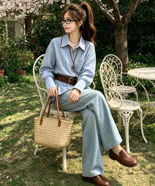 gossip!ロサンゼルス(ゴシップロサンゼルス)の「【25新作】 ブラウンパイピング細ストライプフレアヘムシャツ(シャツ/ブラウス・レディース・ブルー・L/M)」の17枚目の写真