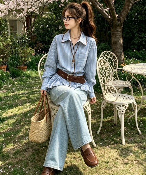 gossip!ロサンゼルス(ゴシップロサンゼルス)の「【25新作】 ブラウンパイピング細ストライプフレアヘムシャツ(シャツ/ブラウス・レディース・ブルー・L/M)」の20枚目の写真