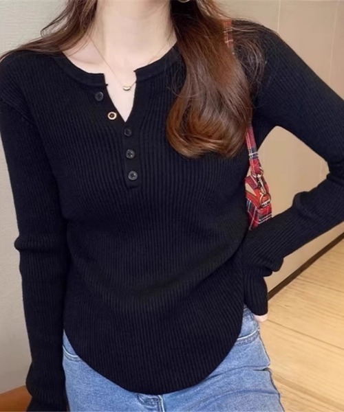 Ritzy（リッツィー）の「ヘンリーネック リブニット トップス（Tシャツ/カットソー・レディース・グレー/ブラック/カーキ/ホワイト・FREE）」の2枚目の写真