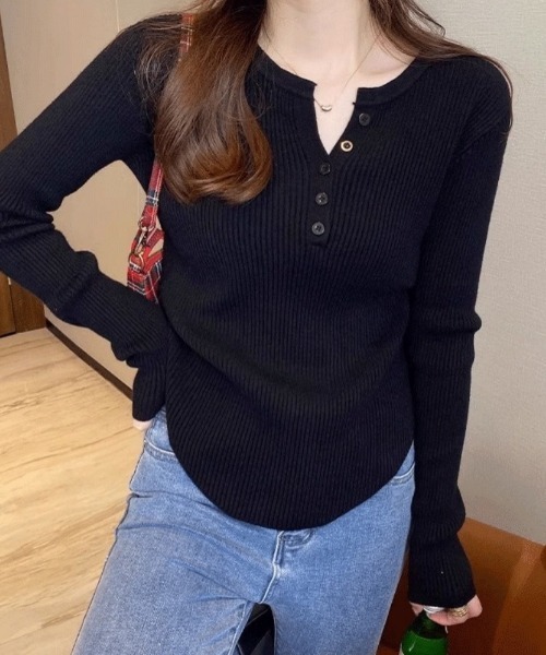 Ritzy（リッツィー）の「ヘンリーネック リブニット トップス（Tシャツ/カットソー・レディース・グレー/ブラック/カーキ/ホワイト・FREE）」の14枚目の写真
