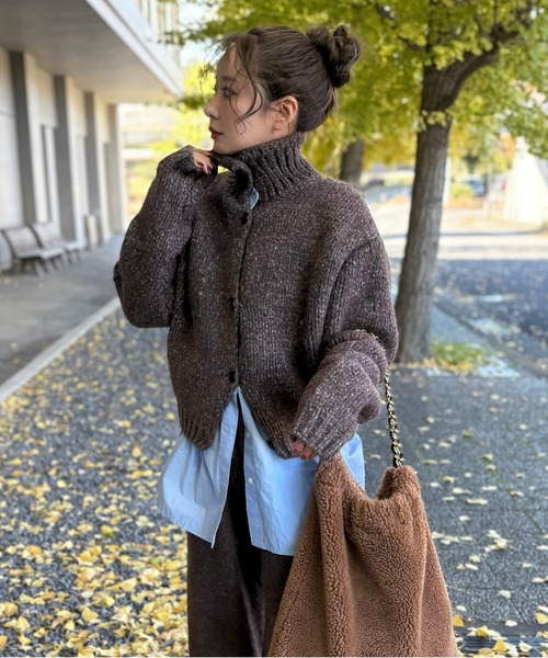 high neck low gauge knit cardigan /ハイネックローゲージ長袖ニット