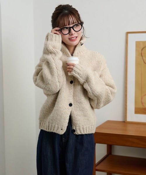 high neck low gauge knit cardigan /ハイネックローゲージ長袖ニット