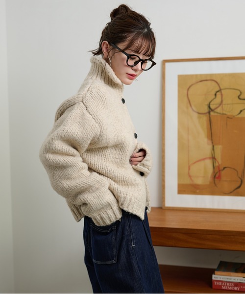 high neck low gauge knit cardigan /ハイネックローゲージ長袖ニット