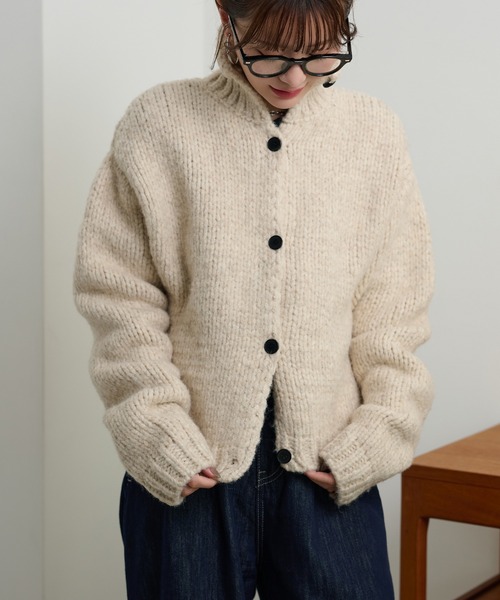 high neck low gauge knit cardigan /ハイネックローゲージ長袖ニット
