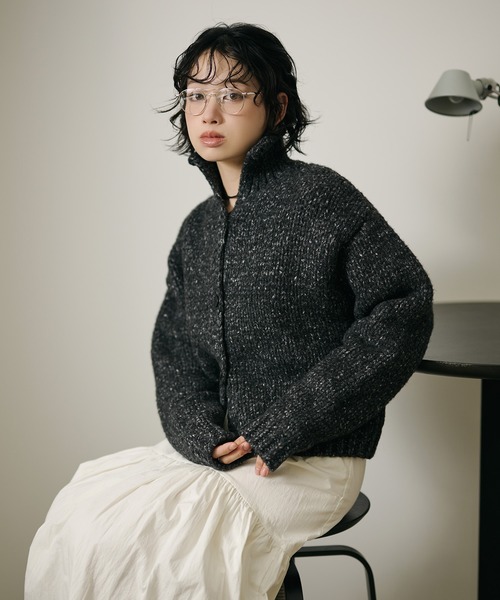 high neck low gauge knit cardigan /ハイネックローゲージ長袖ニット