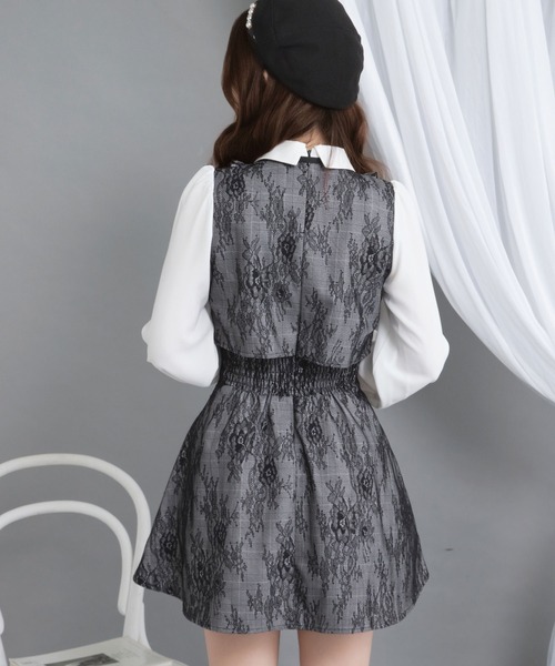 DearMyLoveRose（ディアマイラブローズ）の「ヨークフリルレースアップセットアップ風ドッキングワンピース【大きいサイズ有り】（ワンピース・レディース・ブラック/ベビーピンク/ブルーグレー・LARGE/MEDIUM/3L/LL）」の5枚目の写真