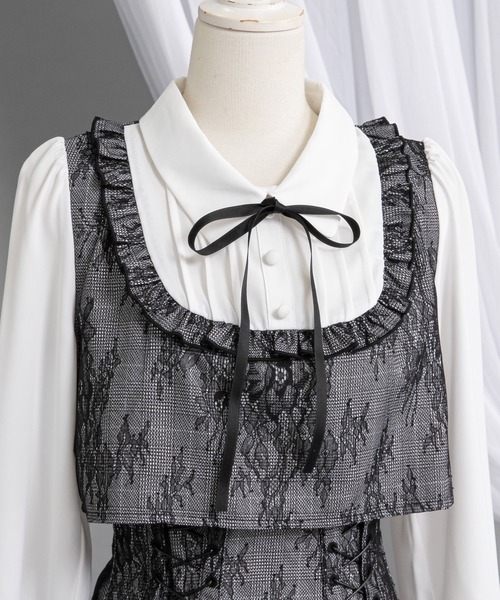 セール】ヨークフリルレースアップセットアップ風ドッキングワンピース