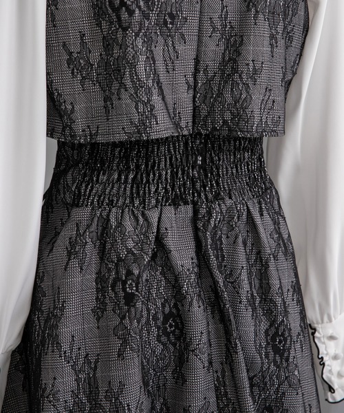 セール】ヨークフリルレースアップセットアップ風ドッキングワンピース