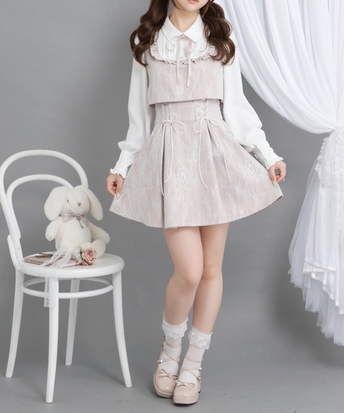 DearMyLoveRose（ディアマイラブローズ）の「ヨークフリルレースアップセットアップ風ドッキングワンピース【大きいサイズ有り】（ワンピース・レディース・ブラック/ベビーピンク/ブルーグレー・LARGE/MEDIUM/3L/LL）」の14枚目の写真