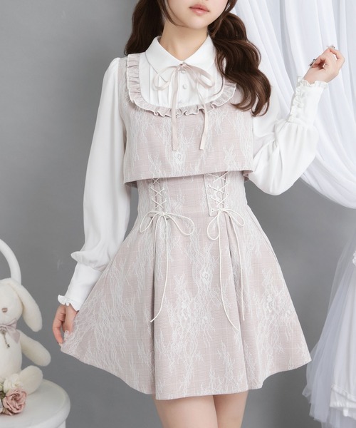 セール】ヨークフリルレースアップセットアップ風ドッキングワンピース