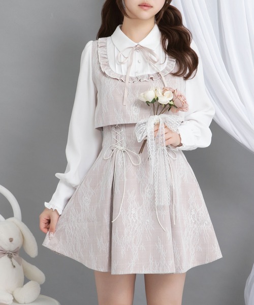 DearMyLoveRose（ディアマイラブローズ）の「ヨークフリルレースアップセットアップ風ドッキングワンピース【大きいサイズ有り】（ワンピース・レディース・ブラック/ベビーピンク/ブルーグレー・LARGE/MEDIUM/3L/LL）」の16枚目の写真