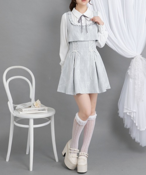 DearMyLoveRose（ディアマイラブローズ）の「ヨークフリルレースアップセットアップ風ドッキングワンピース【大きいサイズ有り】（ワンピース・レディース・ブラック/ベビーピンク/ブルーグレー・LARGE/MEDIUM/3L/LL）」の17枚目の写真