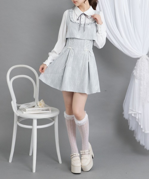 DearMyLoveRose（ディアマイラブローズ）の「ヨークフリルレースアップセットアップ風ドッキングワンピース【大きいサイズ有り】（ワンピース・レディース・ブラック/ベビーピンク/ブルーグレー・LARGE/MEDIUM/3L/LL）」の18枚目の写真