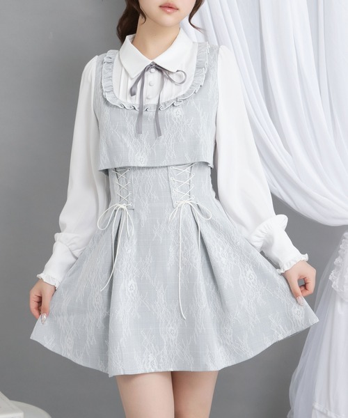 DearMyLoveRose（ディアマイラブローズ）の「ヨークフリルレースアップセットアップ風ドッキングワンピース【大きいサイズ有り】（ワンピース・レディース・ブラック/ベビーピンク/ブルーグレー・LARGE/MEDIUM/3L/LL）」の19枚目の写真