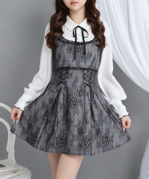 DearMyLoveRose（ディアマイラブローズ）の「ヨークフリルレースアップセットアップ風ドッキングワンピース【大きいサイズ有り】（ワンピース・レディース・ブラック/ベビーピンク/ブルーグレー・LARGE/MEDIUM/3L/LL）」の22枚目の写真