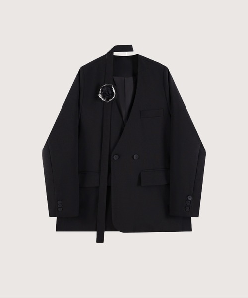 LA POMME jours(ラポミ・ジュール)の「Rose Applique Ribbon Jacket(テーラードジャケット・レディース・ブラック・SMALL/MEDIUM/LARGE)」の1枚目の写真