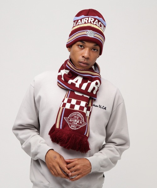 AVIREX(アヴィレックス)の「AVIREX AIR RACING CLUB LINE SOCCER MUFFLER / アヴィレックス エアレーシングクラブ ライン サッカーマフラー(マフラー・メンズ・バーガンディー/ブラック/オフホワイト・FREE)」の2枚目の写真