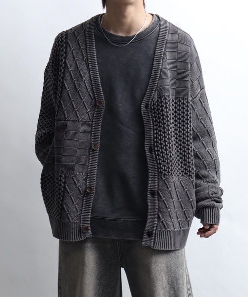 Art re A select（アトリエセレクト）の「ストーンウォッシュ加工パッチワークVネックニットカーディガン（カーディガン/ボレロ・メンズ・カーキ/ブラック・L/XL/M）」の11枚目の写真
