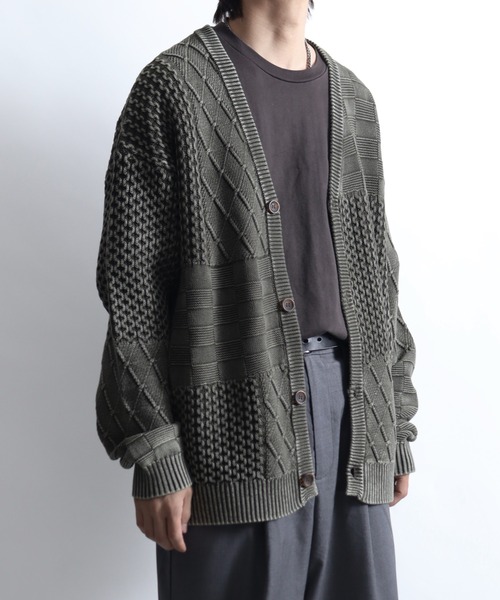 Art re A select（アトリエセレクト）の「ストーンウォッシュ加工パッチワークVネックニットカーディガン（カーディガン/ボレロ・メンズ・カーキ/ブラック・L/XL/M）」の10枚目の写真