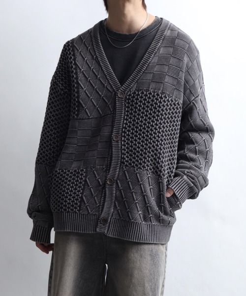 Art re A select（アトリエセレクト）の「ストーンウォッシュ加工パッチワークVネックニットカーディガン（カーディガン/ボレロ・メンズ・カーキ/ブラック・L/XL/M）」の9枚目の写真