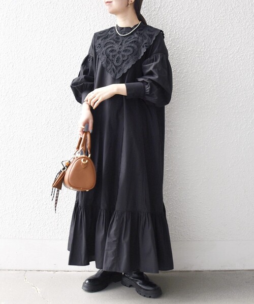 セール】bon_meur:〈洗濯機可能〉レース ビッグカラー ギャザー パフ